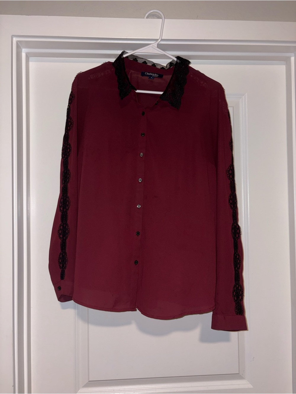 Chadwick's of Boston Burgundy Button-Front Shirt with Black Lace Detail